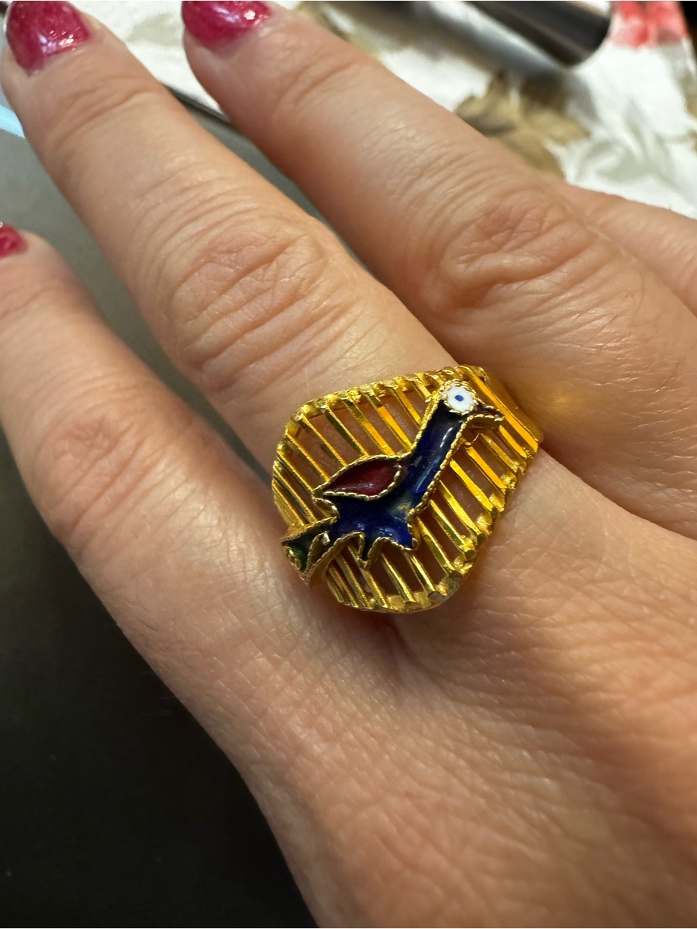 22K Solid Gold Bird Enamel Ring - Blue and Red Accent